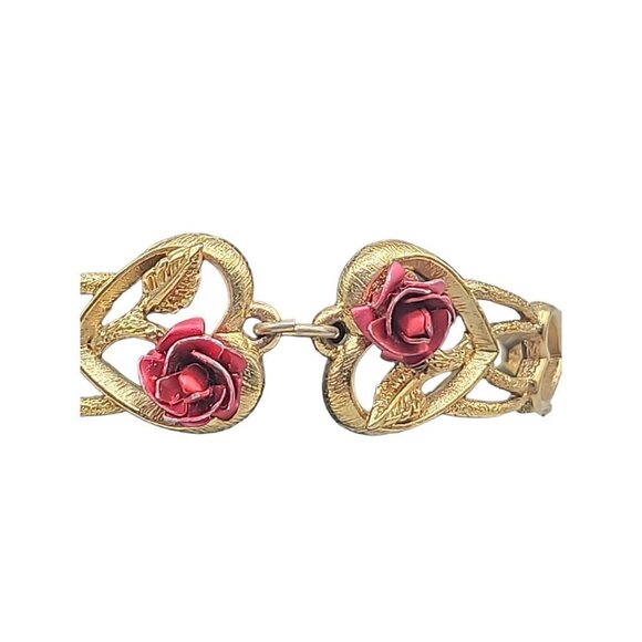 The Art of Beauty Cuff Bangle Bracelet Double Red Rose Buds Gold Tone Size 7 - Picture 9 of 16